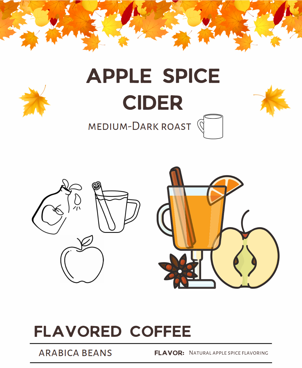 Advertisement for apple spice cider flavored coffee with graphics and text on a white background.