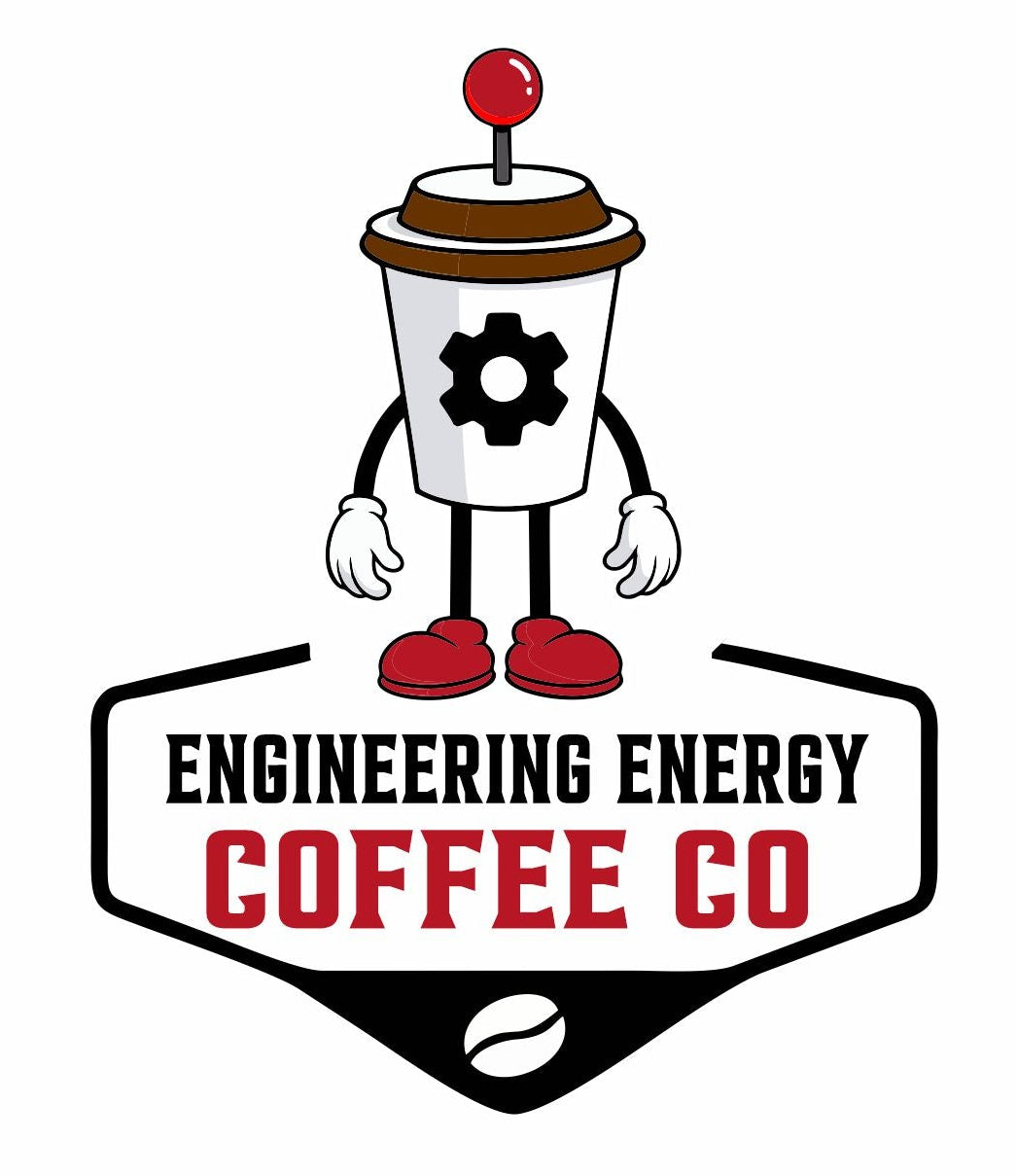 Logo of Engineering Energy Coffee Co with a cartoon coffee cup character on a white background