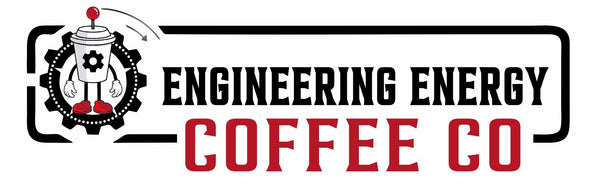 Logo of Engineering Energy Coffee Co with a coffee cup and gear design on a white background