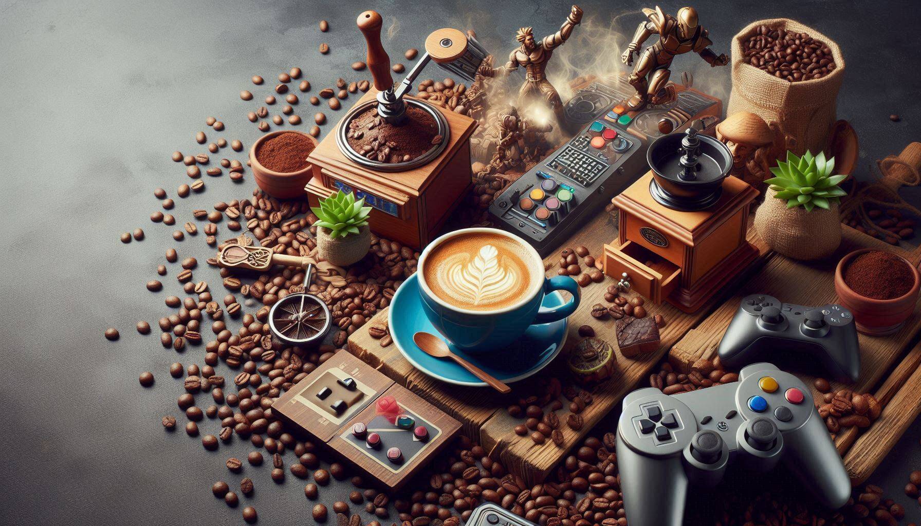 Coffee setup with a cup, coffee beans, and gaming controllers on a dark surface.