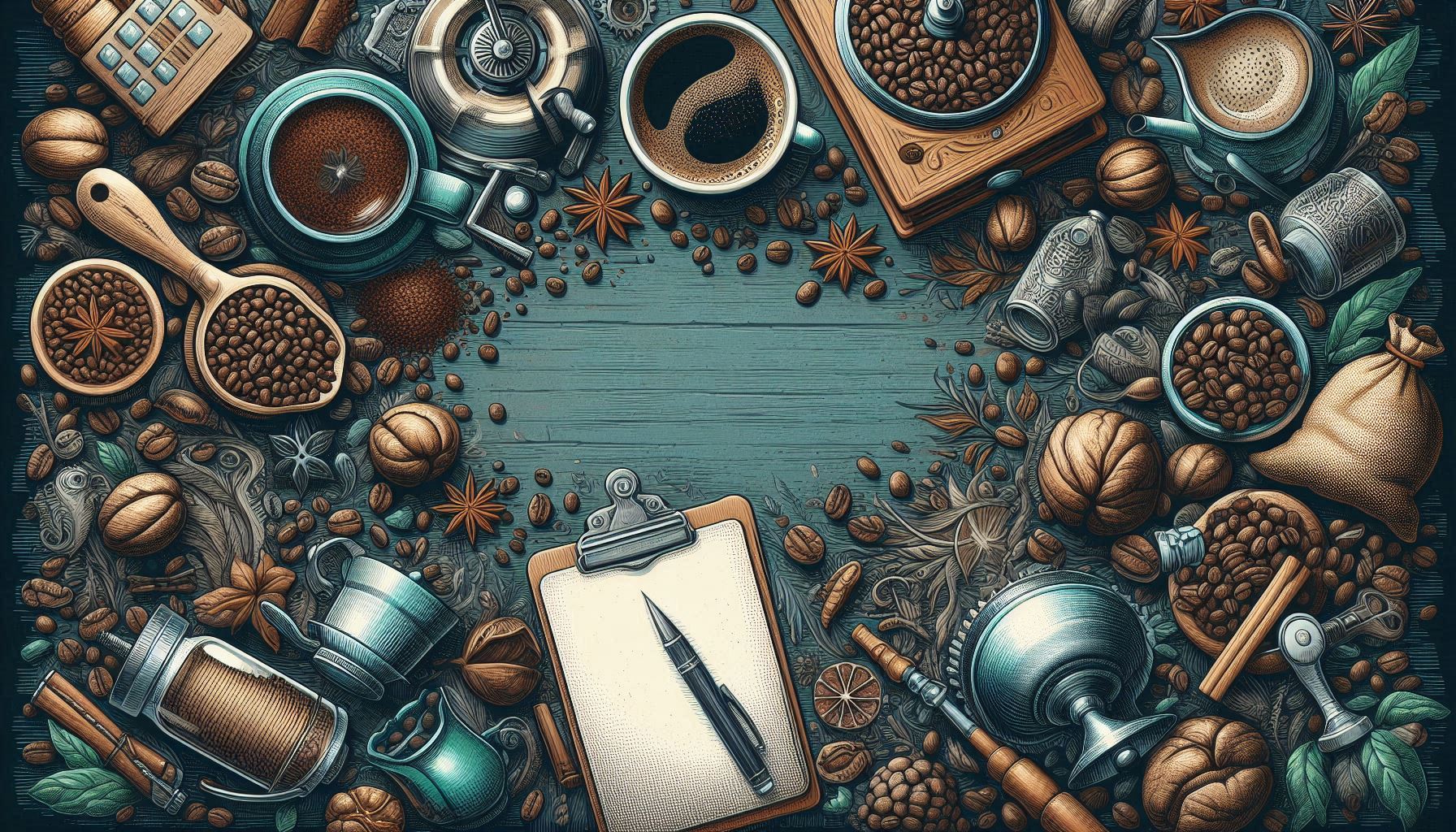 Illustration of coffee-themed objects including cups, beans, and spices on a wooden surface.