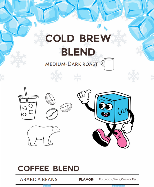 Coffee blend packaging with cartoon ice cube character and coffee-related illustrations.