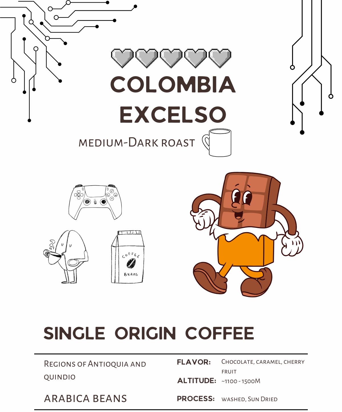 Coffee packaging with cartoon character, text about Colombia Excelso coffee, and branding elements.