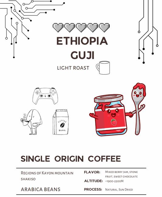 Coffee packaging with cartoon characters and text about Ethiopia Guji coffee.