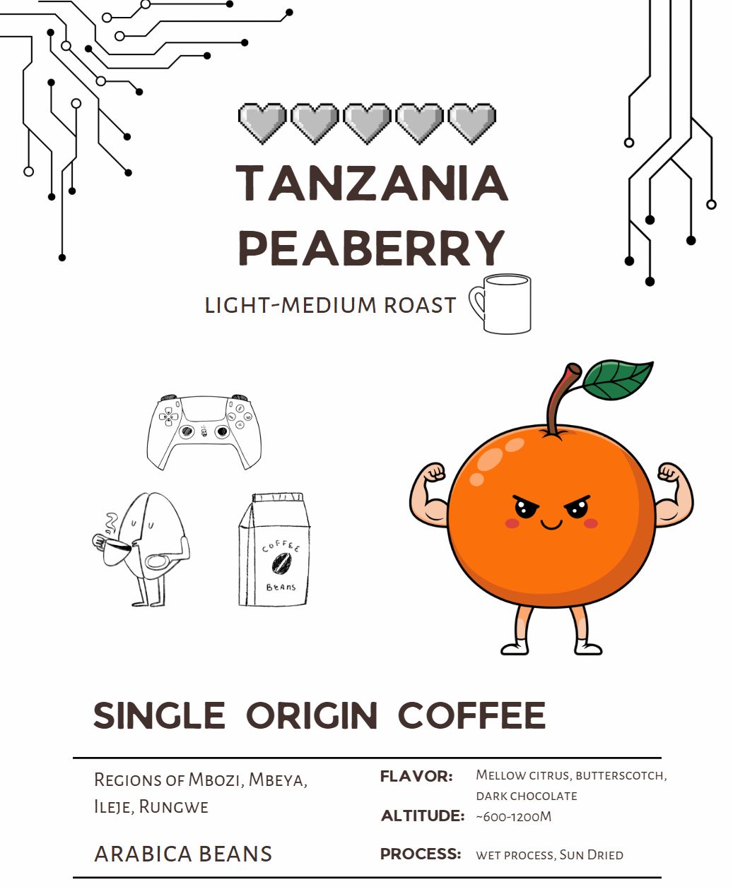 Coffee packaging with a cartoon orange character and text about Tanzania Peaberry coffee.